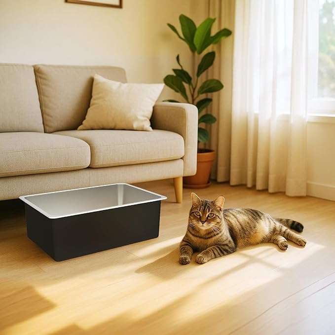 Ohtomber Stainless Steel Litter Box - Large Metal Cat Litter Box Pan High Sided, Never Absorbs Smell, Easy to Clean Non Stick Litterbox Tray Toilet Pet Supplies for Indoor Big and Small Cats, Kitten