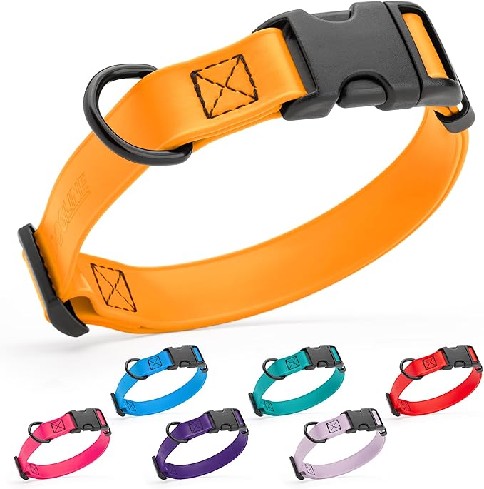 Dogline Biothane Waterproof Dog Collar with Quick Release Buckle Strong Coated Nylon Webbing with Odor- Proof for Easy Care Easy to Clean Fits Small Medium Large Dogs, Tangerine Orange 5/8" W 9-14" L