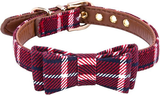 Puppy Collars for Small Dogs - StrawberryEC Adjustable Puppy Id Buckle Collar Leather. Cute Plaid Red Bowtie Dog Collar (Bow-Red)
