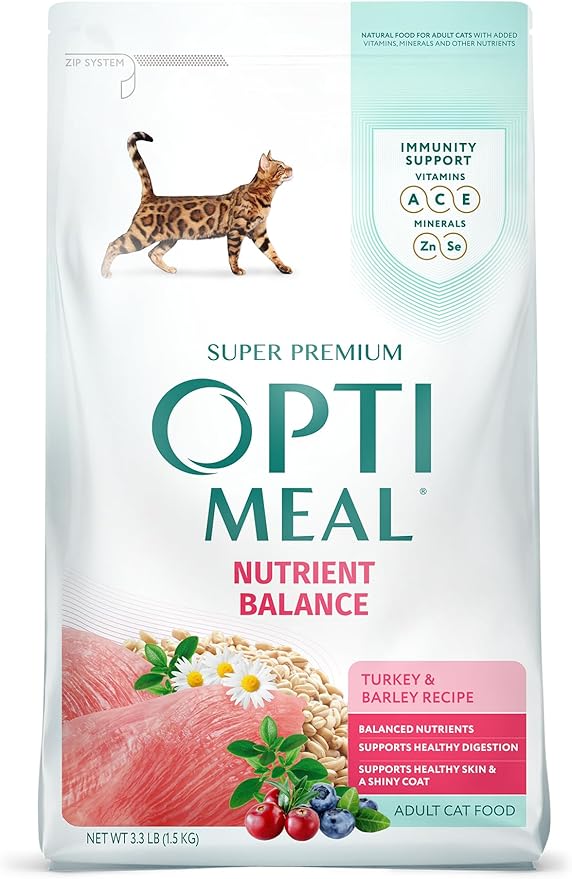 Optimeal Natural Dry Cat Food for Adult Cats - Proudly Ukrainian - Tasty and Nutritional Cat Food Dry Recipe with Immunity Support for Healthy Felines (3.3 lbs, Turkey & Barley)