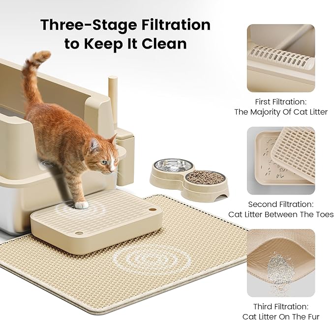 Stainless Steel Cat Litter Box - Enclosed XL Metal Kitty Litter Box with Lid for Big Cats, High Sided, Anti-Leakage, Easy Cleaning, Non-Sticky, Included Spoon & Aisle (Khaki)