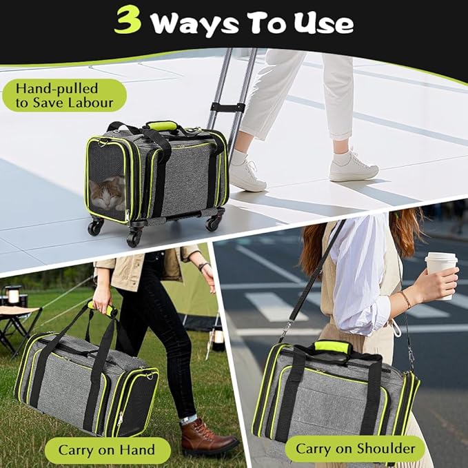 Pet Carrier with Wheels for Cat and Small Dog, Expandable Airline Approved Pet Carrier for Animal Under 15 lbs, Rolling Cats Puppy Carriers Travel Bag for Traveling and Camping