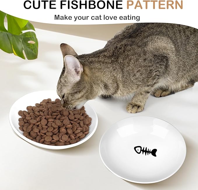 TRUVIC 4 Pack Ceramic Cat Food Bowls, 5.9 Inch Ceramic Cat Dishes Set for Indoor Cats and Small Dogs, Anti Whisker Fatigue Kitten Bowls, Wide Shallow Kitten Plates for Food and Water (Fishbone)