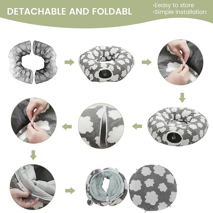 Cat Tunnel Bed for Indoor Cats,Soft Peekaboo Cave Cat Donut Tunnel with Washable Circle Cushion Central Mat, 3 Ways Shaped Round Pet Play Tunnel Toy for Kitten Puppy Rabbit Ferret Green