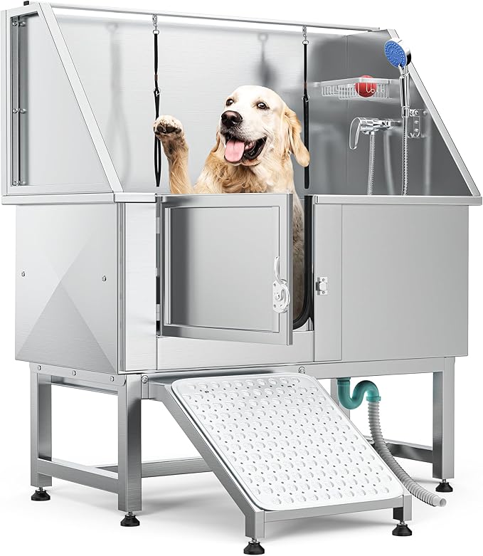 YITAHOME 50in Dog Grooming Tub Bathtub for Home 304 Stainless Steel Professional Dog Bath Washing Station w/Left Ramp, Faucet, Floor Grate for Large, Medium, Small Pets