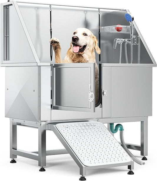 YITAHOME 50in Dog Grooming Tub Bathtub for Home 304 Stainless Steel Professional Dog Bath Washing Station w/Left Ramp, Faucet, Floor Grate for Large, Medium, Small Pets