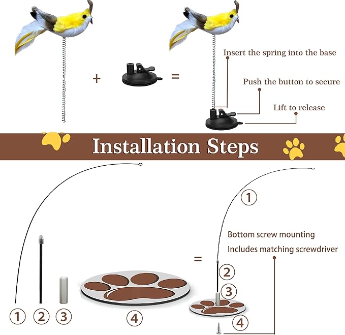 Interactive Cat Toy for Indoor, Includes Metal Base, Suction Cup Cat Base, Cat Wand,Bird Simulation Toys and Feather Toy, Set of 7 PCS