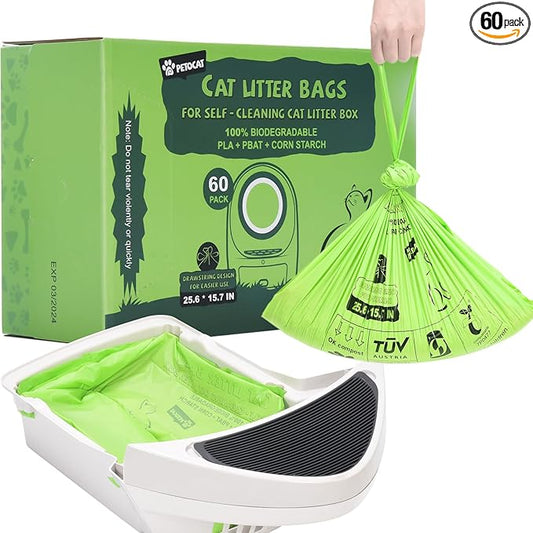 Biodegradable Cat Litter Liner Bags Compatible with LR 3, 4 and Most Self-Cleaning Litter Boxes, 60 Count Kitty Automatic Waste Drawer Liners, Drawstring Pet Compostable Replacement Poop Bags