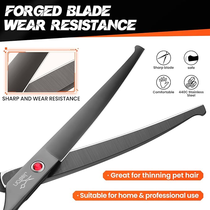 JASON 7.5" Dog Grooming Shear - Professional Up-curved Scissor with Round Tips Japanese Stainless Steel Hair Scissor for Dogs, Cats and Other Pets (Curved with Round Tips, Black)