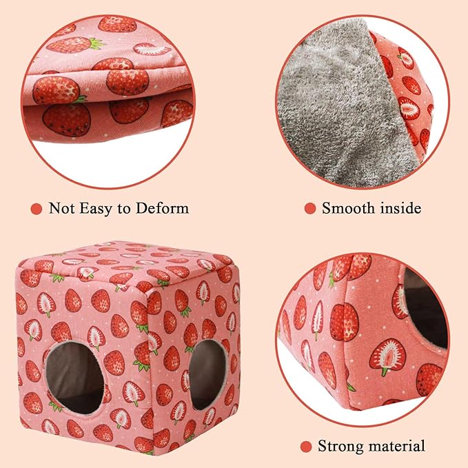 JSPYFITS Guinea Pig Hideout, Washable Guinea Pig House Cozy Small Pet Bed for Small Animal Bunny/Rabbit/Hamster/Chinchilla Accessories Pink Strawberry