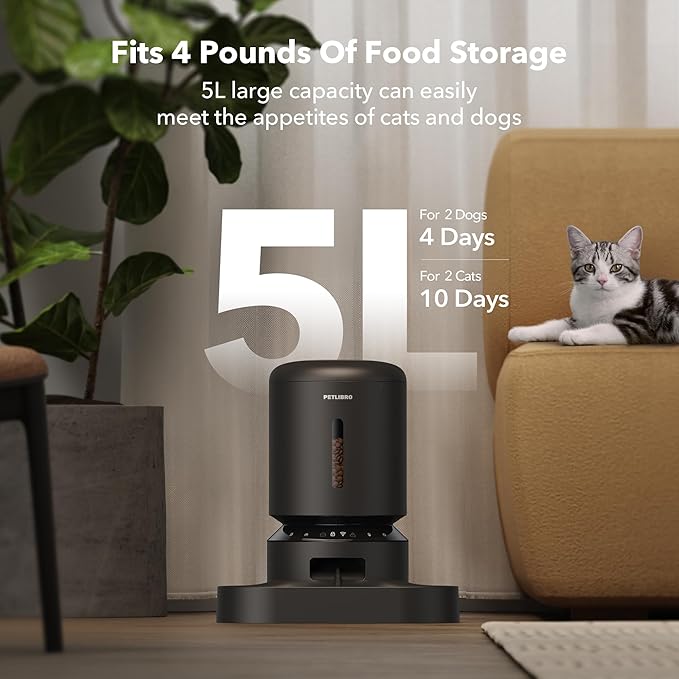 PETLIBRO Automatic Cat Feeder for 2 Cats, 5G&2.4G WiFi Pet Feeders, 5L Programmable Cat Food Dispenser with Airtight Lock-Fresh Technology, Dual Stainless Steel Bowls, Low Food Sensor