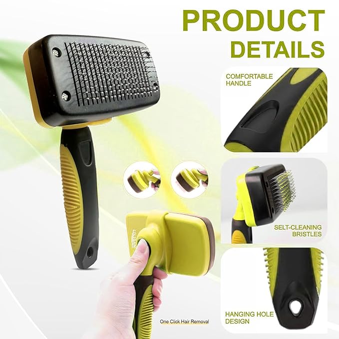 Pet Self Cleaning Slicker Brush and Grooming Comb - Gently Removes Loose Hair, Tangles, and Dirt - Skin Friendly Deshedding Grooming Tool for Hair Dogs & Cats - Pet Supplies Accessories (Yellow)