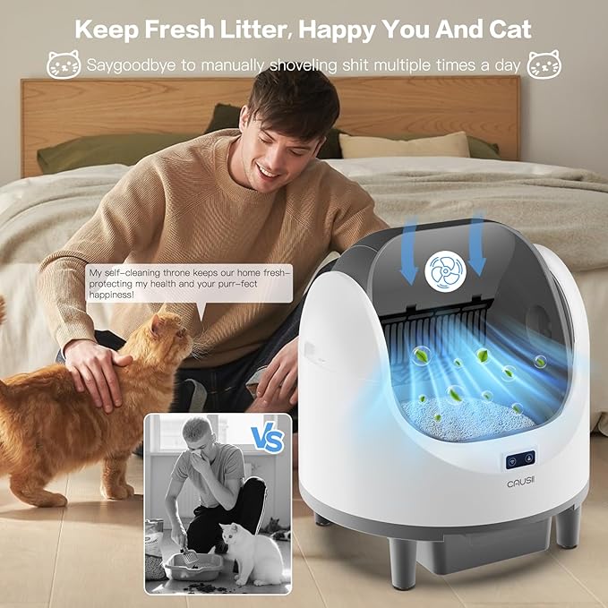 Automatic Litter Box, [Safe Anti-Pinch] CAUSII Large Capacity Self-Cleaning Cat Litter Box for Multiple Cats, App Control, Quiet & Odor-Free,for 3.5-24.2LB, with 30PCS Garbage Bags,Litter Mat