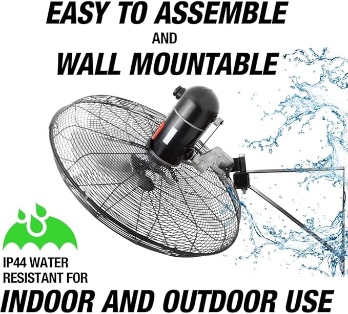 OEMTOOLS 24" Outdoor Wall Mount Fan, 80° Oscillating Fan 6800 CFM Max, Water Resistant, Use in Garage, Gym, Warehouse, Factory and Jobsite