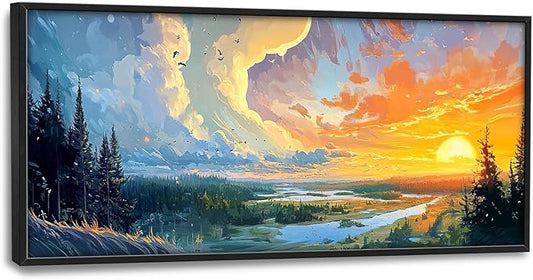 Framed Large Sunrise Wall Art for Living Room, Oversized Sunrise Wall Decor Forest Lake Landscape Canvas Print Natural Picture Home Decoration for Bedroom Living Room Office 60"x30"