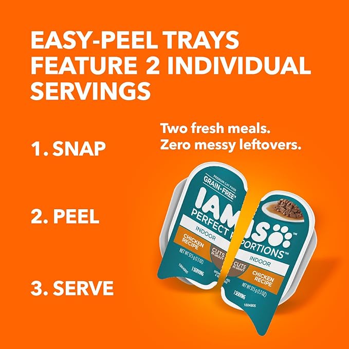IAMS Perfect Portions Indoor Adult Wet Cat Food Cuts in Gravy, Chicken Recipe, 2.6 oz. Easy Peel Twin-Pack Trays (24 Count, 48 Servings)