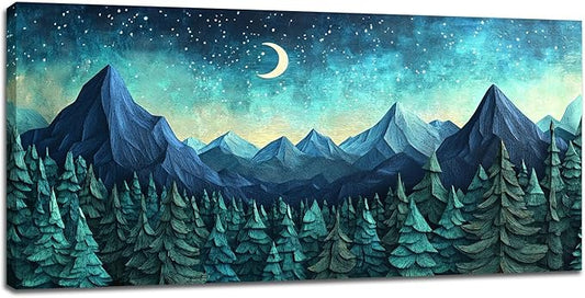 Quorin Abstract Mountain Large Wall Art Forest Moon Starry Night Sky Pictures Nature Landscape Wall Decor Canvas Print Painting Artwork for Bathroom Living Room Bedroom 30"x60"