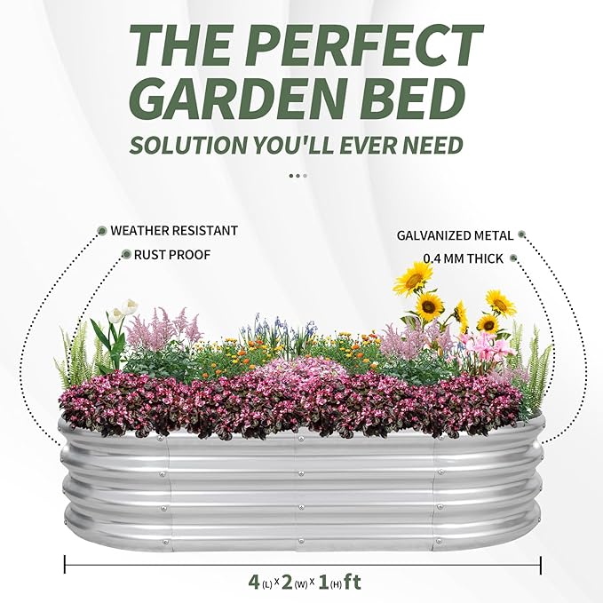 1MORE Galvanized Raised Garden Bed- Planter Garden Boxes Outdoor, Raised Beds for Gardening, 4x2x1ft Metal Garden Bed Kit for Vegetables Flower, Planter Raised Bed with Protective Tape & Tools.Silver