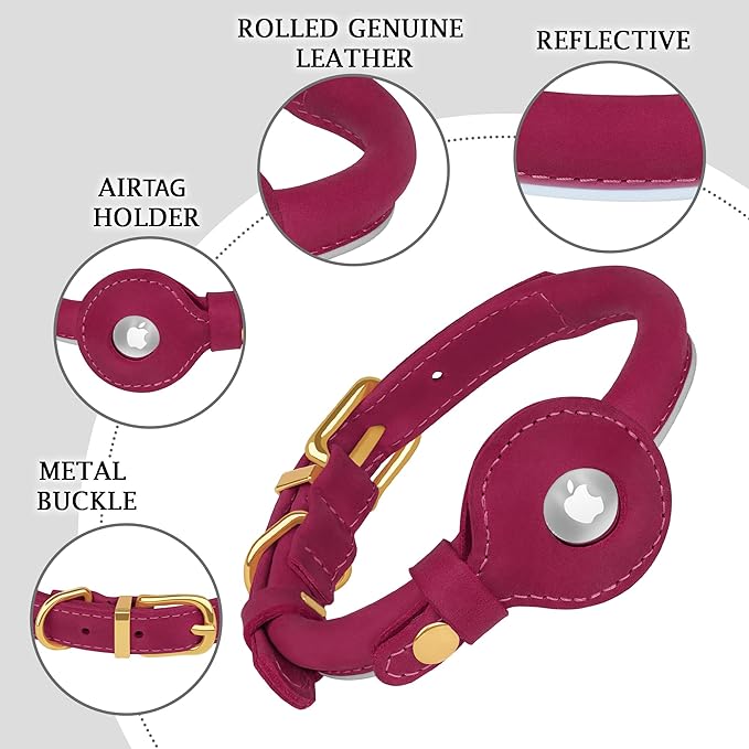 OOPSDOGGY Rolled Leather Dog Collar with Airtag Holder - Reflective Round Airtag Dog Collar - Soft Tracking Pet Collar for Small Dogs Puppy Cats Kitten (Pink, XXS, 7"-9")