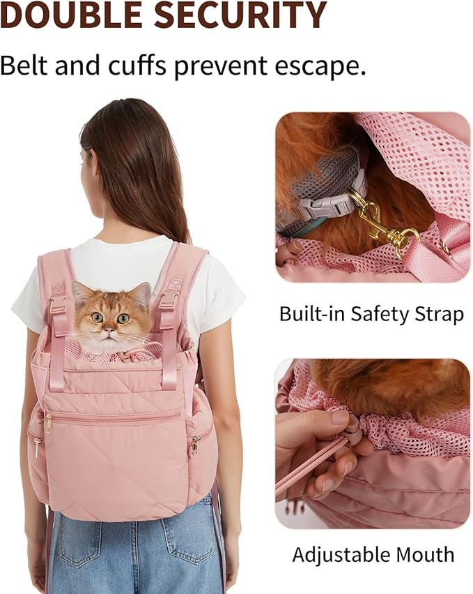 OFY Cat Carrier Puffy Backpack Breathable Small Dog Front Backpack Large Space for Small Dogs, Drawstring & Water-Resisant Pet Bag for Travel Hiking, Lotus Pink Patent Pending