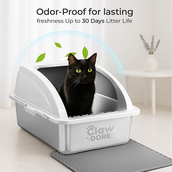 XL Stainless Steel Litter Box with Lid for Big Cats - Prevents Odor & Stains - Leak-Proof, Rust-Free & Non-Stick - Extra Large Cat Litter Box Stainless Steel with Scooper, Brush, Bowl & Mat Included