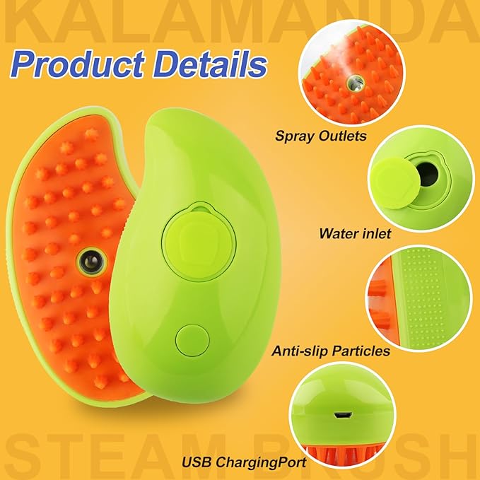 Cat Steam Brush, 3 in 1 Pet Steamy Brush, Silicone Grooming Comb with Steam, Pet Hair Remover Misting Comb for Indoor Cats Dogs(Mango Yellow/Green)