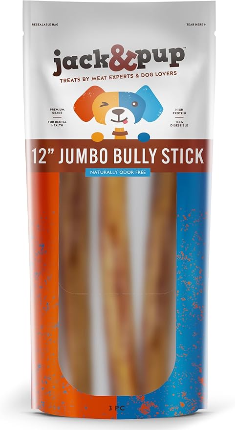 Jack&Pup 12 Inch Bully Sticks for Large Dogs (3 Pack) Jumbo Dog Chews for Aggressive Chewers | All Natural, Odor Free Bully Sticks for Dogs