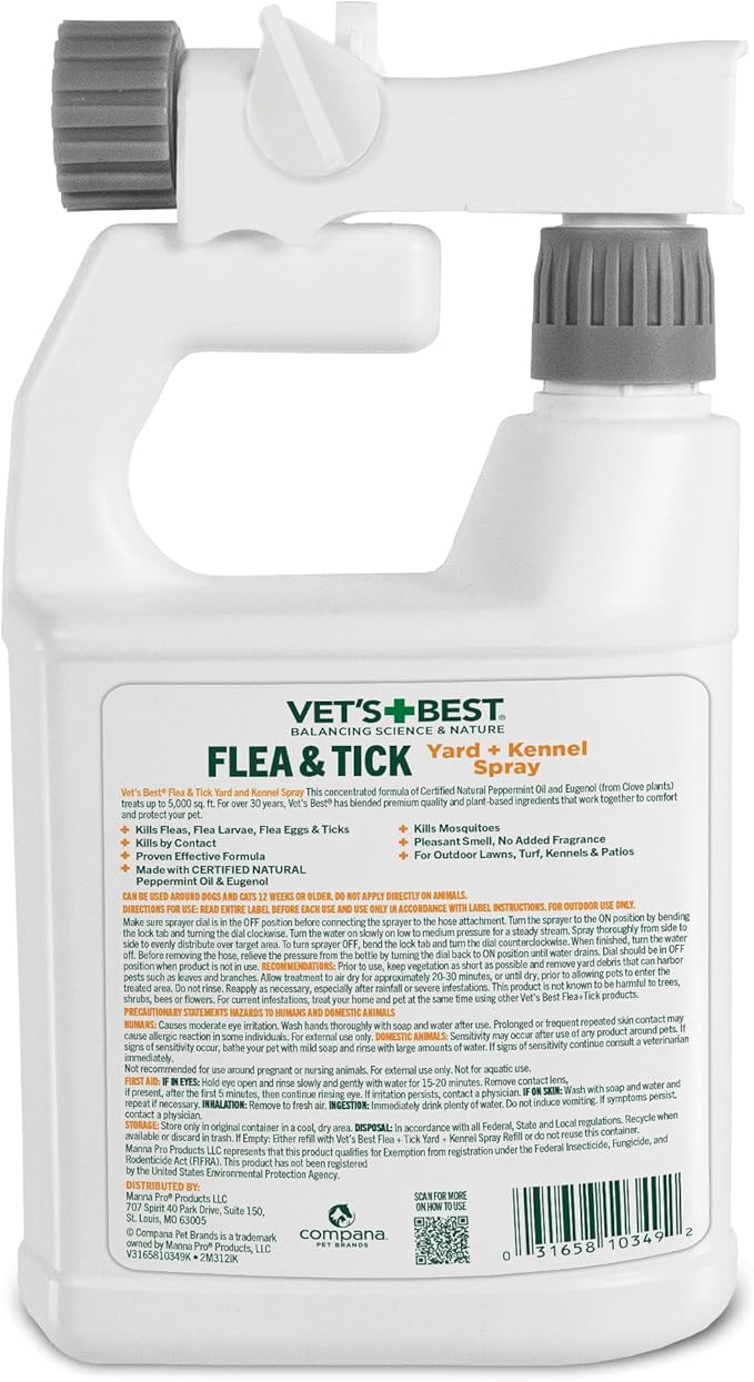 Vet's Best Flea and Tick Yard & Kennel Spray, Dog Flea Spray that Kills Fleas, Mosquitoes, & Ticks, Plant-Based Ingredients, Plant Safe Ready-to-Use Hose Attachment, 32 fl oz