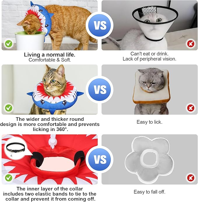 BEAUTYZOO Cat Cone Collars Soft, Cat Recovery E Collars After Surgery to Stop Licking, Adjustable Elizabeth Circle Collar Cute Pet Donut Pillow for Cats Kitten Small Dogs,Cute Shark M
