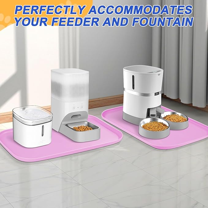 Silicone Pet Feeding Mat with Raised Edge for Food and Water, Dog Bowl Mats, Cat Bowls Placemat with High Lip for Floor Waterproof, Rubber Tray for Cats and Dogs 22 x 14 x0.8 Pink