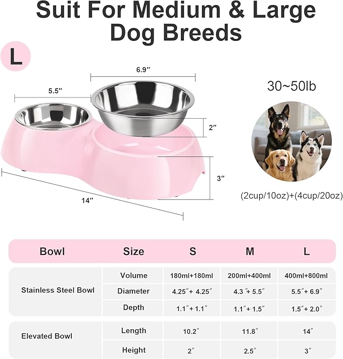 Elevated Dog Bowls Set - Non-Slip Raised Pet Feeder with Medium (10 oz) & Large (20 oz) Stainless Steel Bowls - Includes Durable Resin Stand for Puppies, Adult Dogs & Cats - Pink