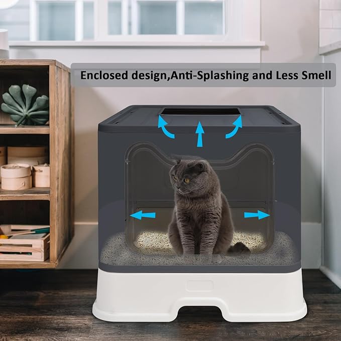 Foldable Cat Litter Box with Lid, Enclosed Potty, Large Top Entry Anti-Splashing Toilet, Easy to Clean Including Litter Scoop and 2-in-1 Cleaning Brush (Black)