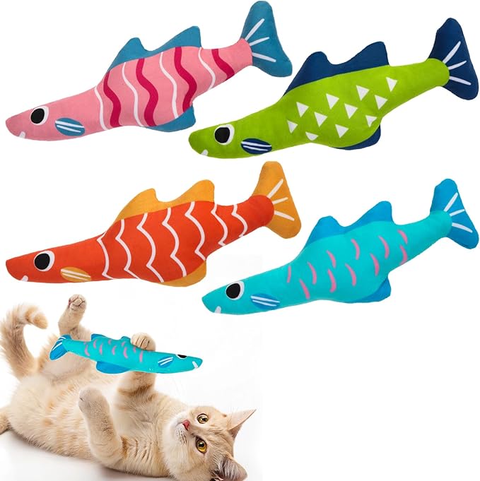 EXPAWLORER Catnip Cat Toys Fish,4 Pcs Durable Cat Kicker Toy with Natural Catnip Cotton,Interactive Bite Resistant Soft Pillow Filled for Indoor Cats Kitten Playing,Drives Bored Cats Crazy with Fun