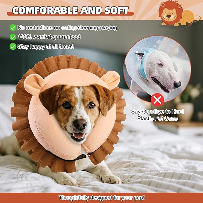 KOOLTAIL Inflatable Dog Cone Collar, Soft Dog Cone Alternative for Large Medium Small Dogs After Surgery, Adjustable Donut Neck Cone for Dogs Cats, Recovery E Collar with Enhanced Anti-Licking,Lion L