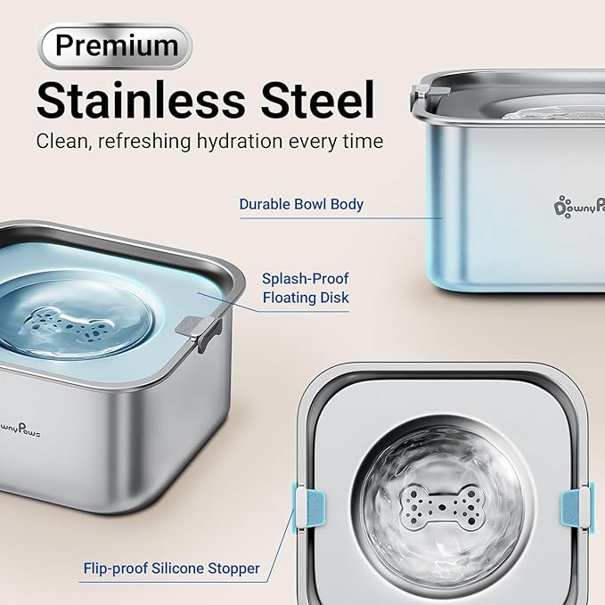 DownyPaws No Spill Water Bowl for Dogs,101oz/3L Stainless Steel Slobber Stopper, No Drip Slow Drinking Dog Water Bowl, No Mess Dog Water Dispenser Spill Proof, Dishwasher Safe, Silver
