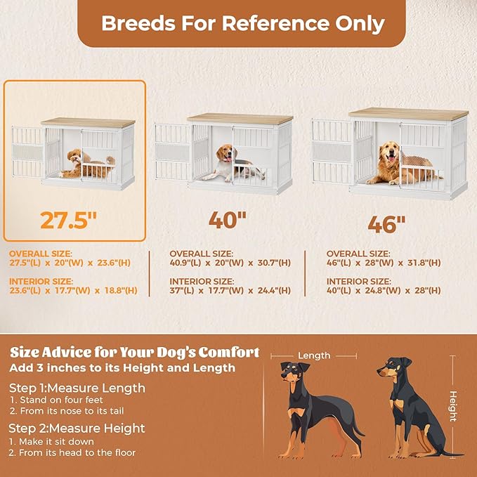 VOPEAK 27.5" Dog Crate Furniture, Chew Resistant Dog Crate for Small Dogs Puppy, Heavy Duty Dog Crates Dog Kennel Cage Indoor with Double Doors, Wooden End Table for Bedroom Living Room, White