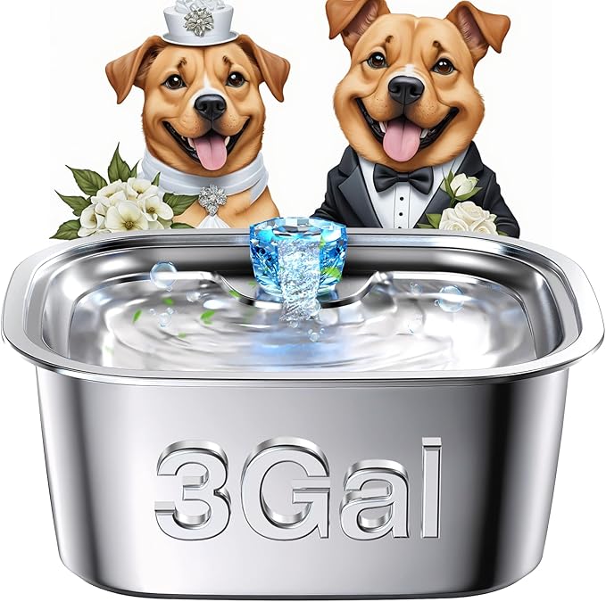 Stainless Steel Dog Water Fountain,3 Gallon Large Pet Water Fountains for Dogs and Cats, 11L /386oz Dog Water Bowl Dispenser w/Filter Drinking Bowls Indoor, Cat Founatin Quiet Pump, Easy to Use