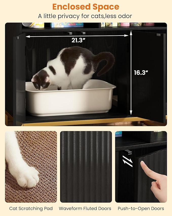 Cat Litter Box Enclosure, Large Hidden Pet Storage Cabinet Furniture with Waveform Fluted Doors & Scratching Pad, Modern Wooden Cat House Indoor for Washroom, Living Room, Bedroom, Black