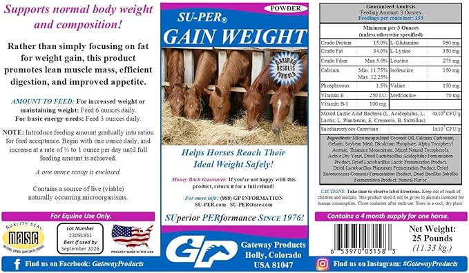 SU-PER Gain Weight for Horses - Equine Supplement Weight Gainer for Horses - Promotes Lean Muscle Mass, Digestion & Appetite - 25 Pound, 4 Month Supply