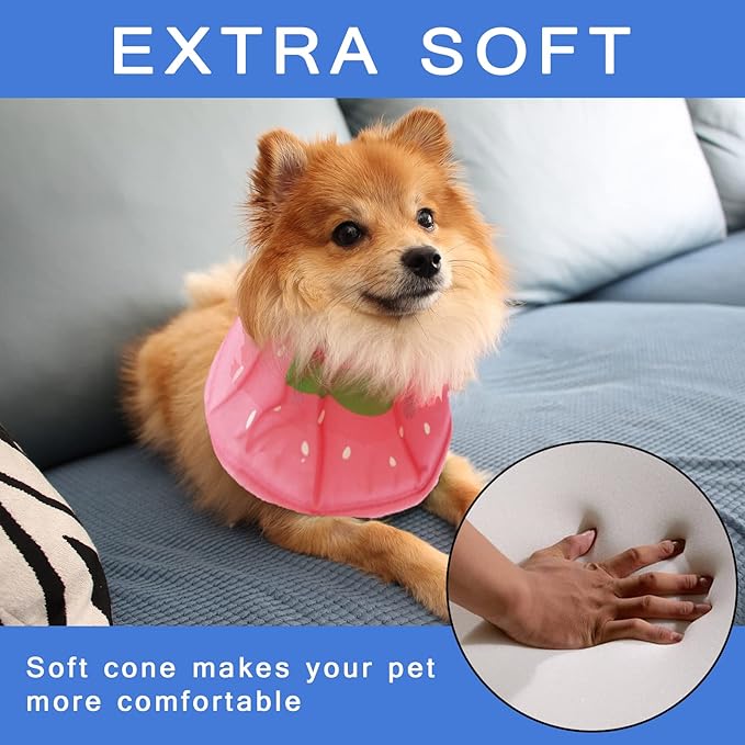 Soft Dog Cone, Lightweight Elizabethan Collar for Dogs, Adjustable Soft Cones for Dogs/Cats to Stop Licking After Surgery, Cute Strawberry Cone of Shame Alternatives for Pets(X-Small)