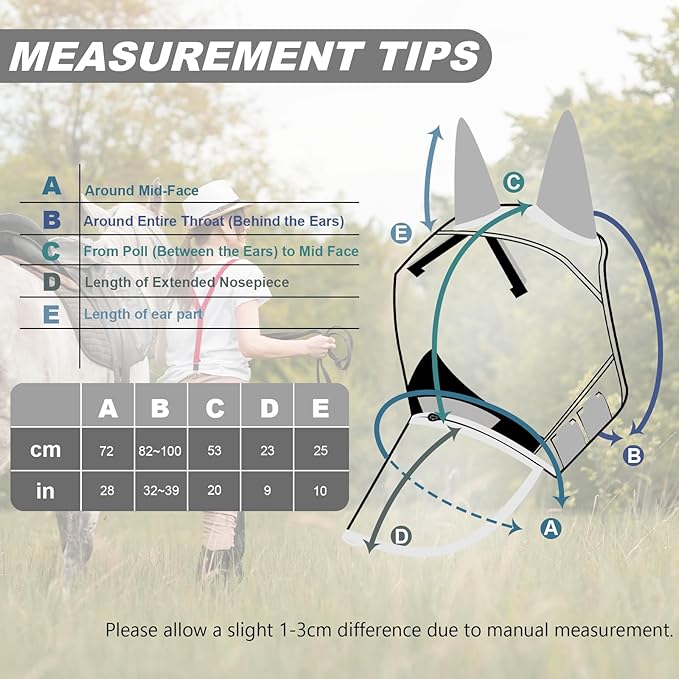 Luminous Horse Fly Mask with Long Nose, Ears, Full Face & Eye Protection - Full Mesh, Detachable Nose Cover, Fleece Padded Edging, Hook-and-Loop Straps with Webbing, Hanging Straps Grey