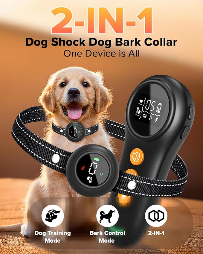 XDX 2-in-1 Dog Shock Collar & Bark Collar – 3300FT Dog Training Collar with Remote, Automatic Anti-Barking, 5 Adjustable Sensitivity Levels, IP67 Waterproof E-Collar for Small Medium Large Dogs
