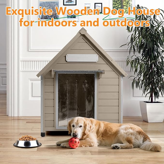 Large Dog House Outdoor Weatherproof, Wooden Dog Kennel Shelter with Anti-Chewing Iron Frame, Removable Floor for Medium to Large Dogs, Easy Clean and Assemble (30.5" L*37.4" W*39.3" H)