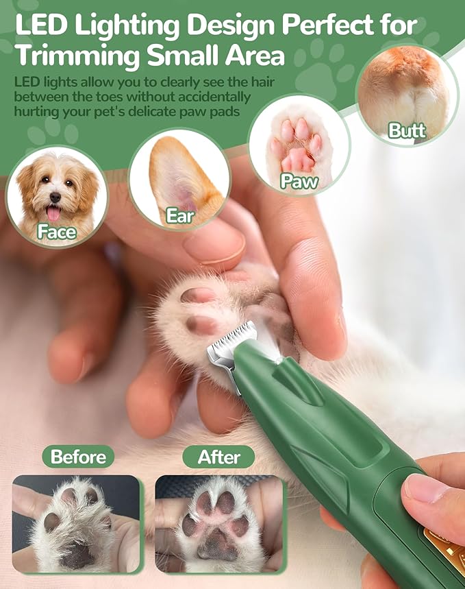 LEYOUFU Dog Paw Trimmer with LED Light, 2 Speed Dog Clippers for Grooming Small Dogs, Rechargeable Low Noise Pet Shaver for Trimming Dogs Cats Hair Around Paws, Eyes, Ears, Face, Rump
