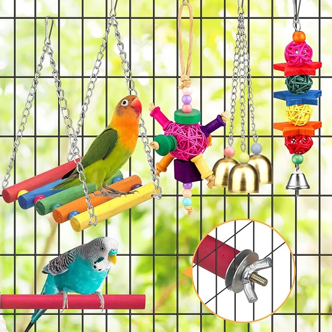 Bird Toys for Conures with Colorful Ladder Hammock Bird Cage Accerious Bird Perch Stand Chewing Toys Hanging Bell for Parrot Parakeet Cockatiel Lovebirds