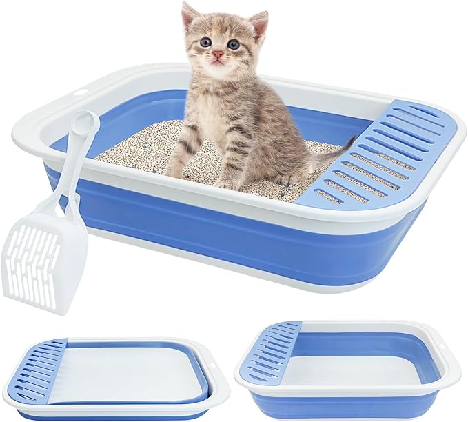 Fhiny Cat Litter Box Portable Shallow Litter Box 17.7"x13.4"x4.9" Foldable Cat Toilet with Scoop Open Kitty Potty Pan with Litter Drop Pedal Easy to Clean Travel Kitten Toilet(Blue)