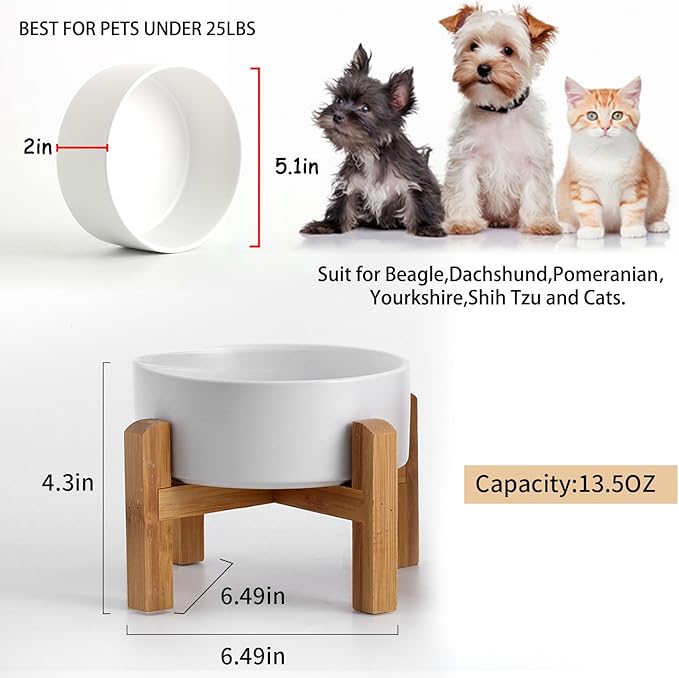 Petygooing White Elevated/Raised Ceramic Dog Bowl for Small Breeds, Dog Food Water Dish with Stand,Pet Feeding Bowl with Anti Slip Rubber for Cats and Small Dogs Puppy 13.5 OZ (5.1In / 1.7 Cups)