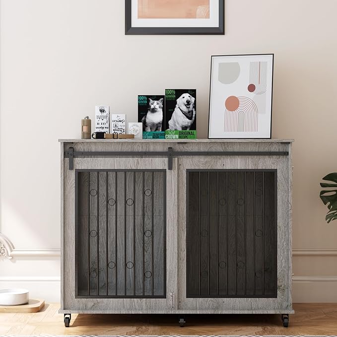 IchbinGo Large Dog Crate Furniture, 47" Wooden Dog Kennel with Sliding Barn Door, Flip-Top Lid & Wheels, Indoor Pet Crate Table with Detachable Divider for Small/Medium/Large Dogs (Rustic Grey)