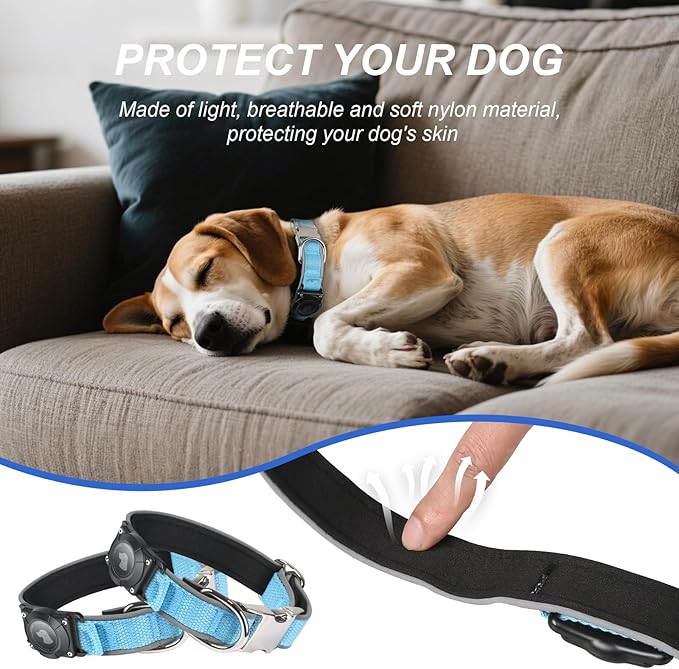 Waterproof Airtag Dog Collar - Nylon Collar with Durable Airtag Holder, Reflective&Anti-Lost with Safety Metal Buckle, Soft Padded Adjustable for Small Medium Large Dogs Blue XL