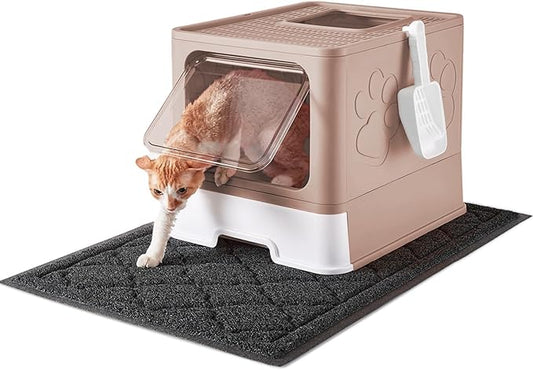 Cat Litter Box with X-Large Litter Mat and Scoop, Large Foldable Litter Box with Lid, Enclosed Kitty Box,Front Top Entry Exit, Odor Control Easy to Clean (Upgrade Coffee)